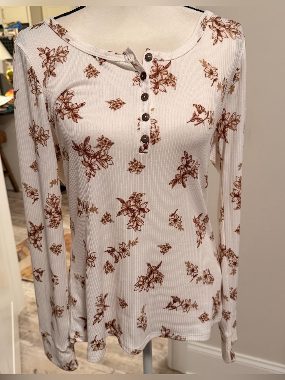 Pulse White Ribbed Henley Top with Brown Floral Print